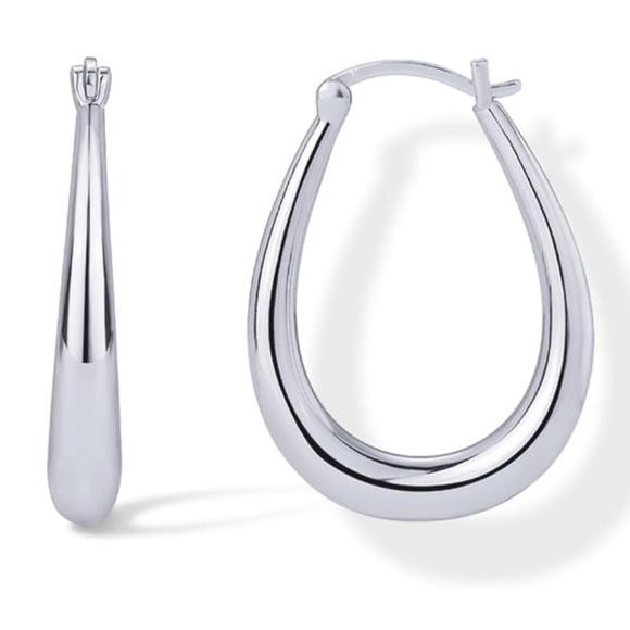 14K White Gold Plated Oval Chunky Hoop Dangle Earrings - Picture 5 of 5